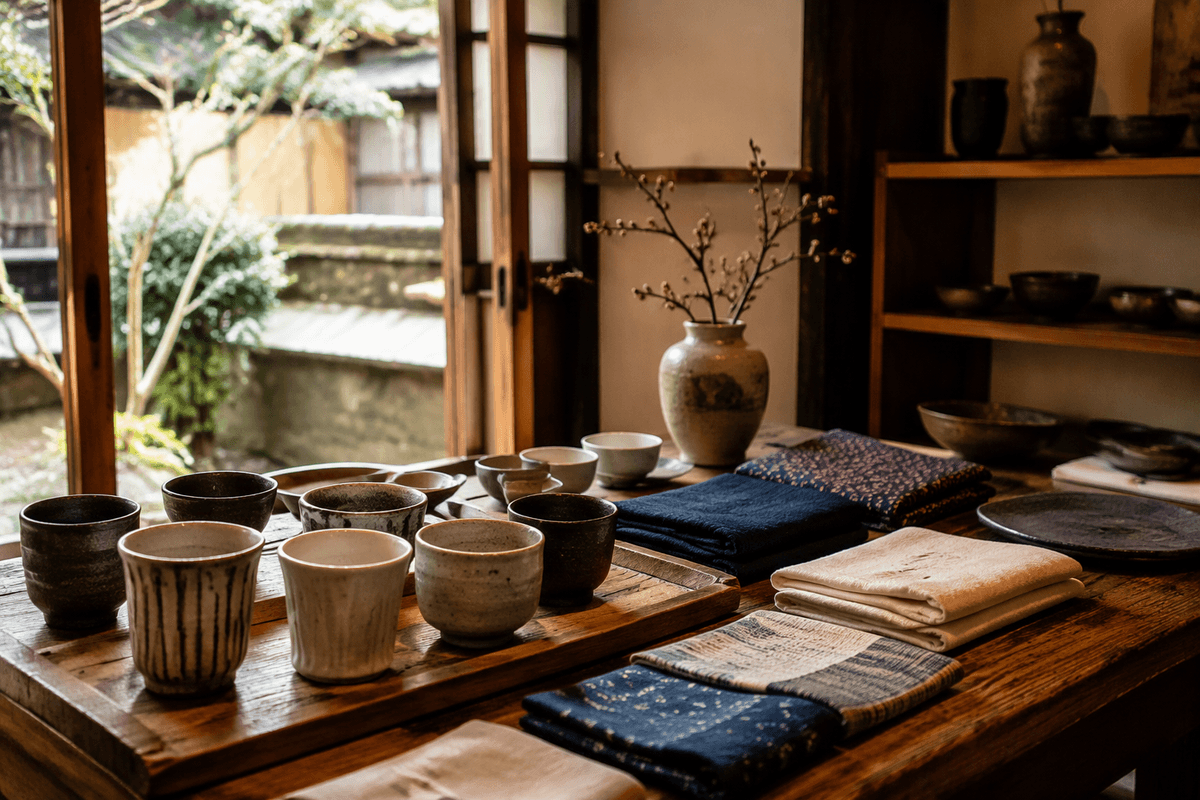 Handmade ceramic cups and folded textiles displayed on a wooden table in a Kyoto craft shop.
